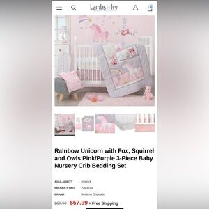Lambs & Ivy Nursery Unicorn Crib Set ~ Pink Purple Fox